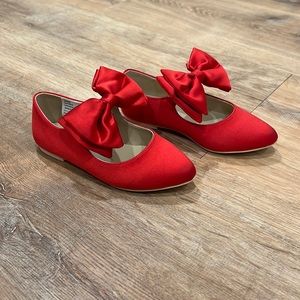 Red satin Janie and Jack bow flat